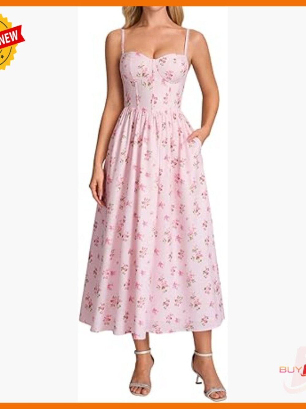 Floral Corset Midi Dress with Pockets Lace Straps A-Line Wedding Guest